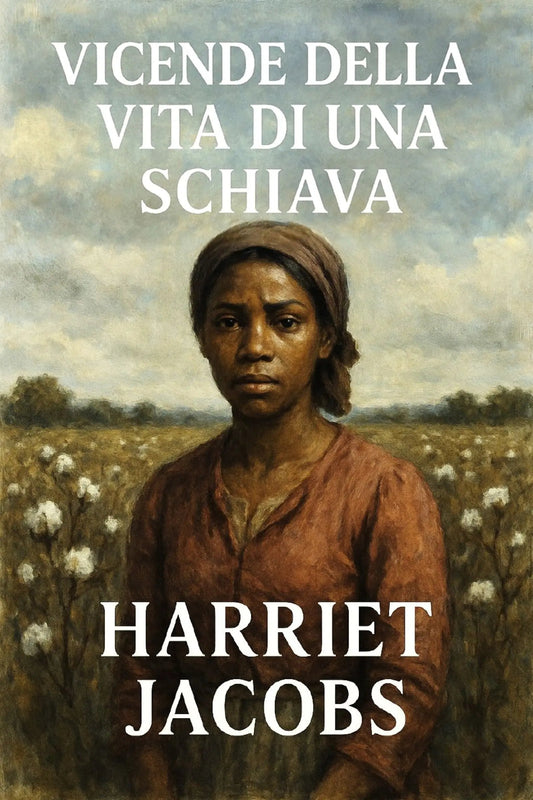 Book cover for 'Vicende della vita di una schiava' by Harriet Jacobs, featuring a painted portrait of a woman in a field with white text over the top and title, and the author's name at the bottom.