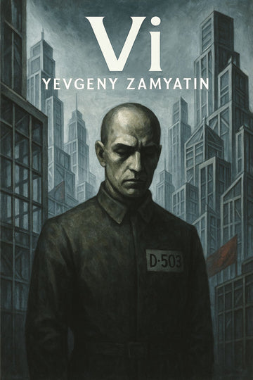 Book cover of 'Vi' by Yevgeny Zamyatin featuring a man in a prison uniform against a cityscape.