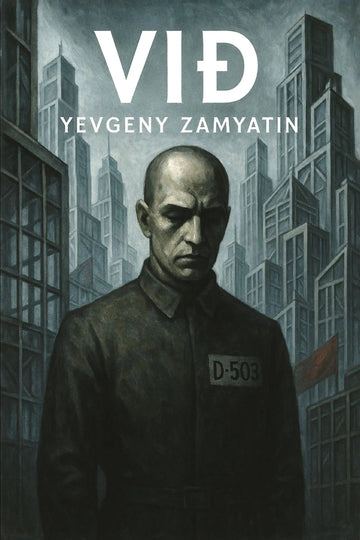 Book cover for 'Við' by Yevgeny Zamyatin, featuring a dark, moody illustration of a bald man in a uniform with a 'D-503' badge, set against a backdrop of tall, shadowed city buildings.
