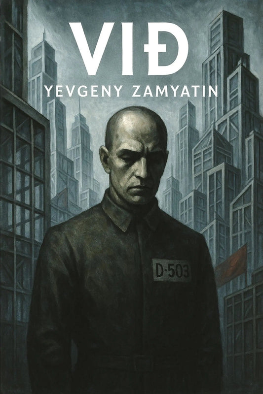 Book cover for 'Við' by Yevgeny Zamyatin, featuring a dark, moody illustration of a bald man in a uniform with a 'D-503' badge, set against a backdrop of tall, shadowed city buildings.