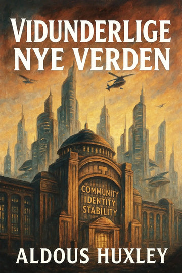 Book cover of 'Vidunderlige nye verden' by Aldous Huxley with a futuristic cityscape and text.