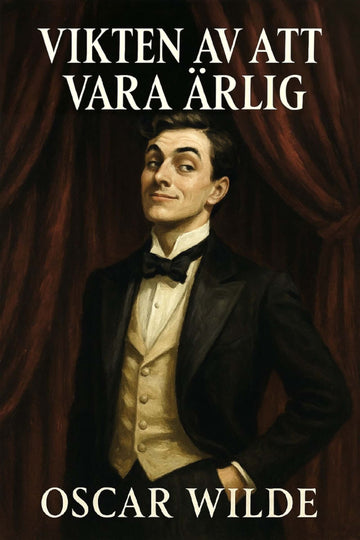 Book cover of 'Vikten av att vara ärlig' by Oscar Wilde with a man in formal attire against a red curtain.
