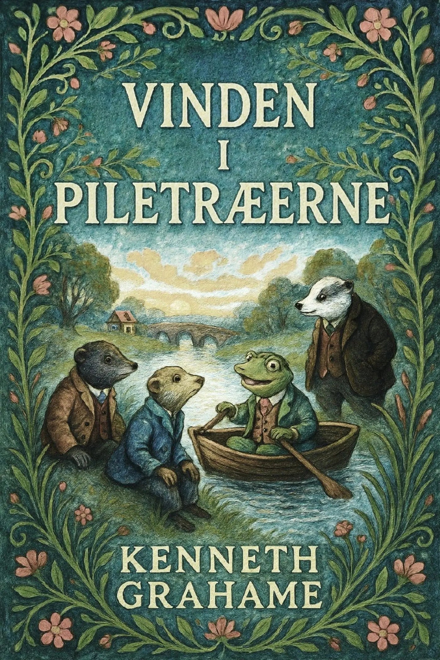 Book cover for 'Vinden i piletræerne' by Kenneth Grahame, featuring an illustrated scene of anthropomorphic animals in a river with a bridge and trees, framed by floral greenery.