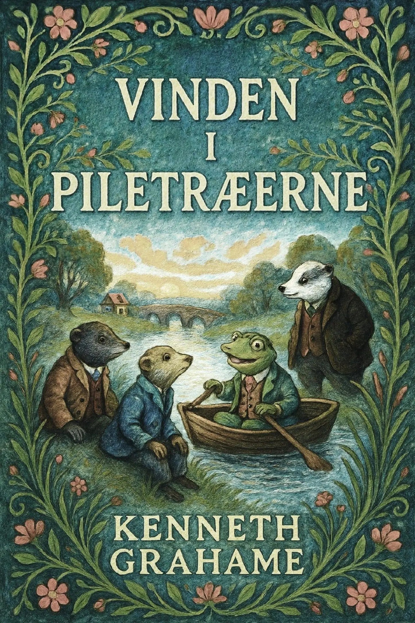 Book cover for 'Vinden i piletræerne' by Kenneth Grahame, featuring an illustrated scene of anthropomorphic animals in a river with a bridge and trees, framed by floral greenery.