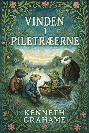 Book cover for 'Vinden i piletræerne' by Kenneth Grahame, featuring an illustrated scene of anthropomorphic animals in a river with a bridge and trees, framed by floral greenery.