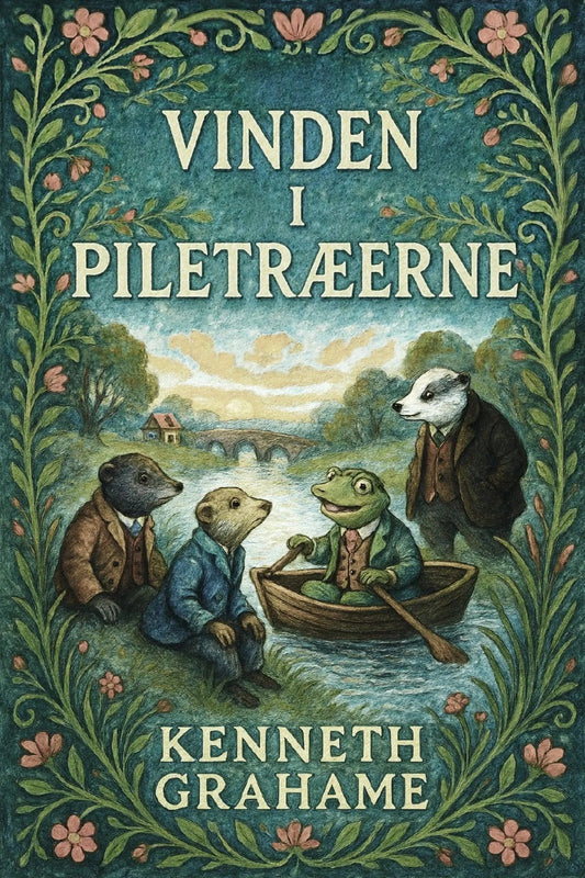 Book cover for 'Vinden i piletræerne' by Kenneth Grahame, featuring an illustrated scene of anthropomorphic animals in a river with a bridge and trees, framed by floral greenery.