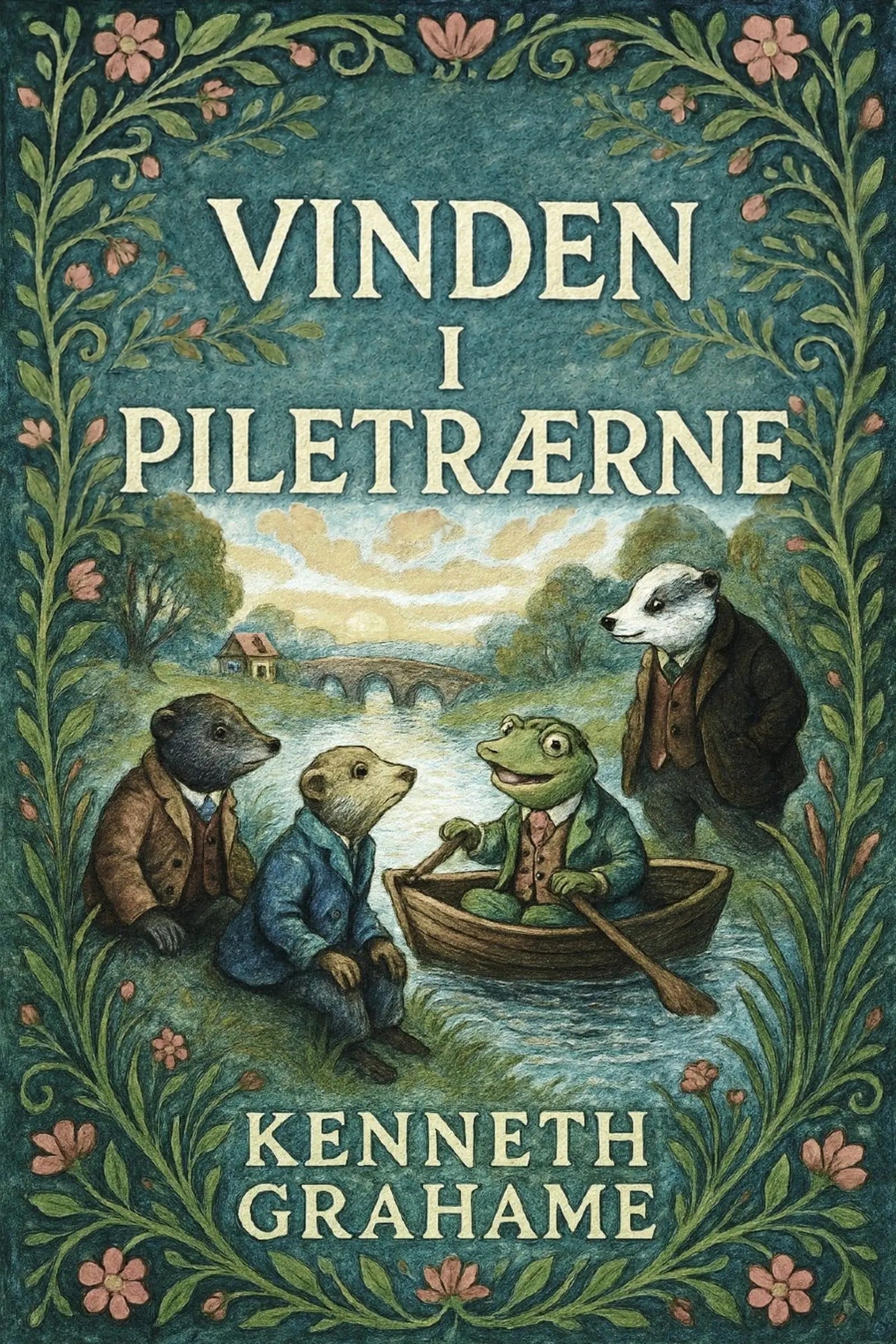 Book cover of 'Vinden i piletrærne' by Kenneth Grahame with animal characters in a boat.