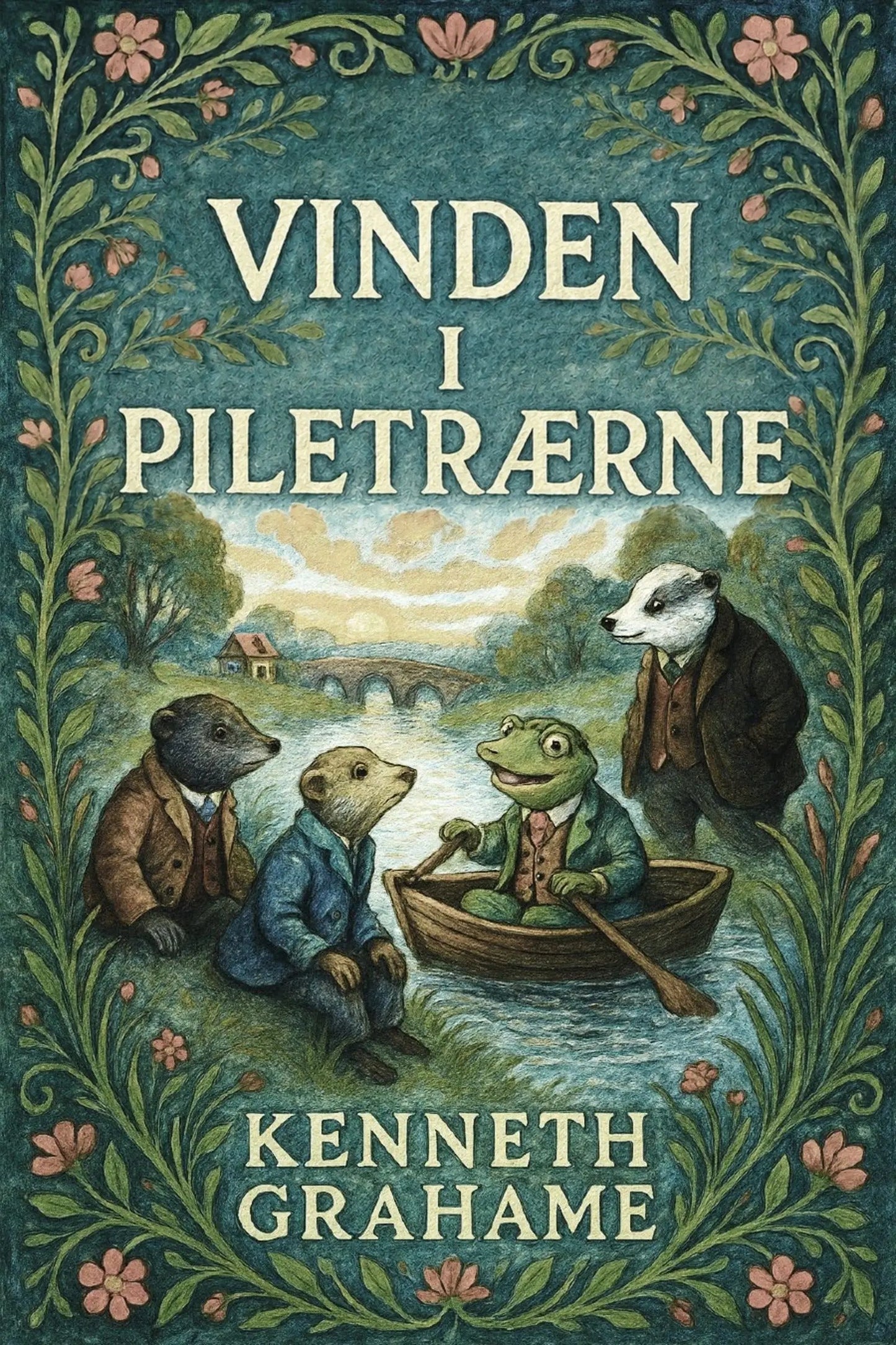Book cover of 'Vinden i piletrærne' by Kenneth Grahame with animal characters in a boat.