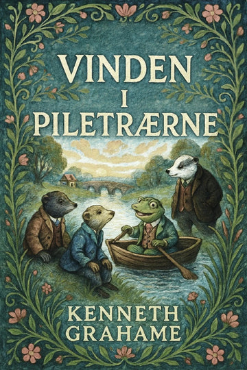 Book cover of 'Vinden i piletrærne' by Kenneth Grahame with animal characters in a boat.