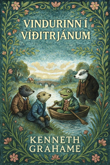 Book cover of 'Vindurinn í víðitrjánum' by Kenneth Grahame with animal characters in a boat.