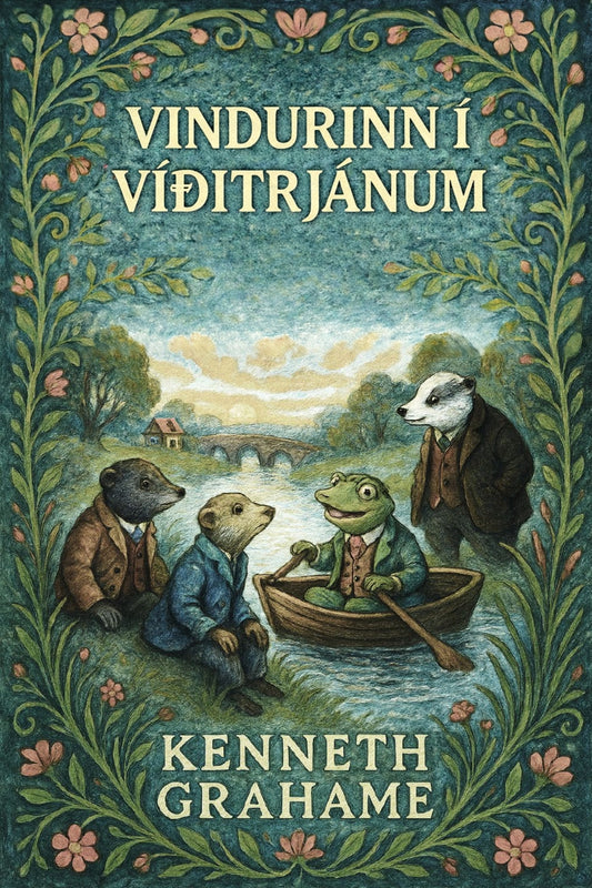 Book cover of 'Vindurinn í víðitrjánum' by Kenneth Grahame with animal characters in a boat.