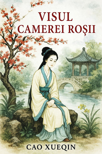 Book cover of 'Visul camerei roșii' with a woman in traditional attire sitting by a tree and bridge.