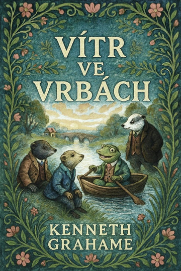 Book cover for 'Vítr ve vrbách' by Kenneth Grahame, featuring an illustrated scene of four anthropomorphic animals in a riverboat surrounded by a floral border on a teal background.