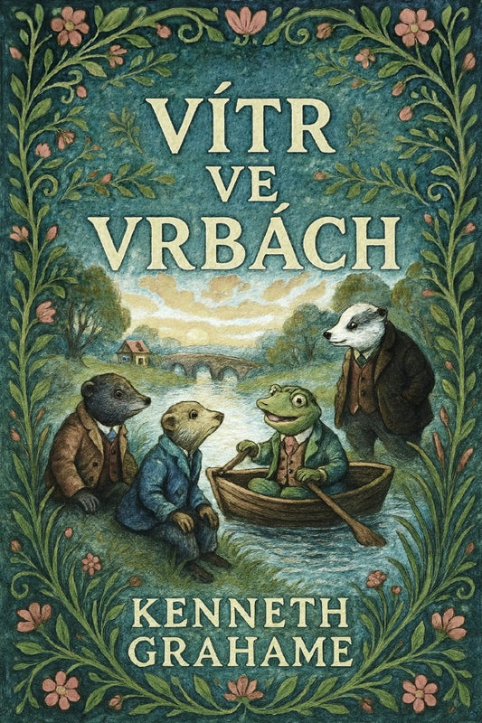 Book cover for 'Vítr ve vrbách' by Kenneth Grahame, featuring an illustrated scene of four anthropomorphic animals in a riverboat surrounded by a floral border on a teal background.