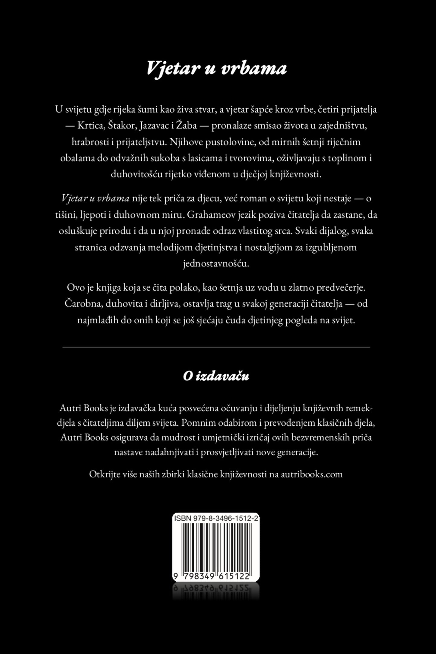 Back cover of a book with text in Croatian, featuring a black background.