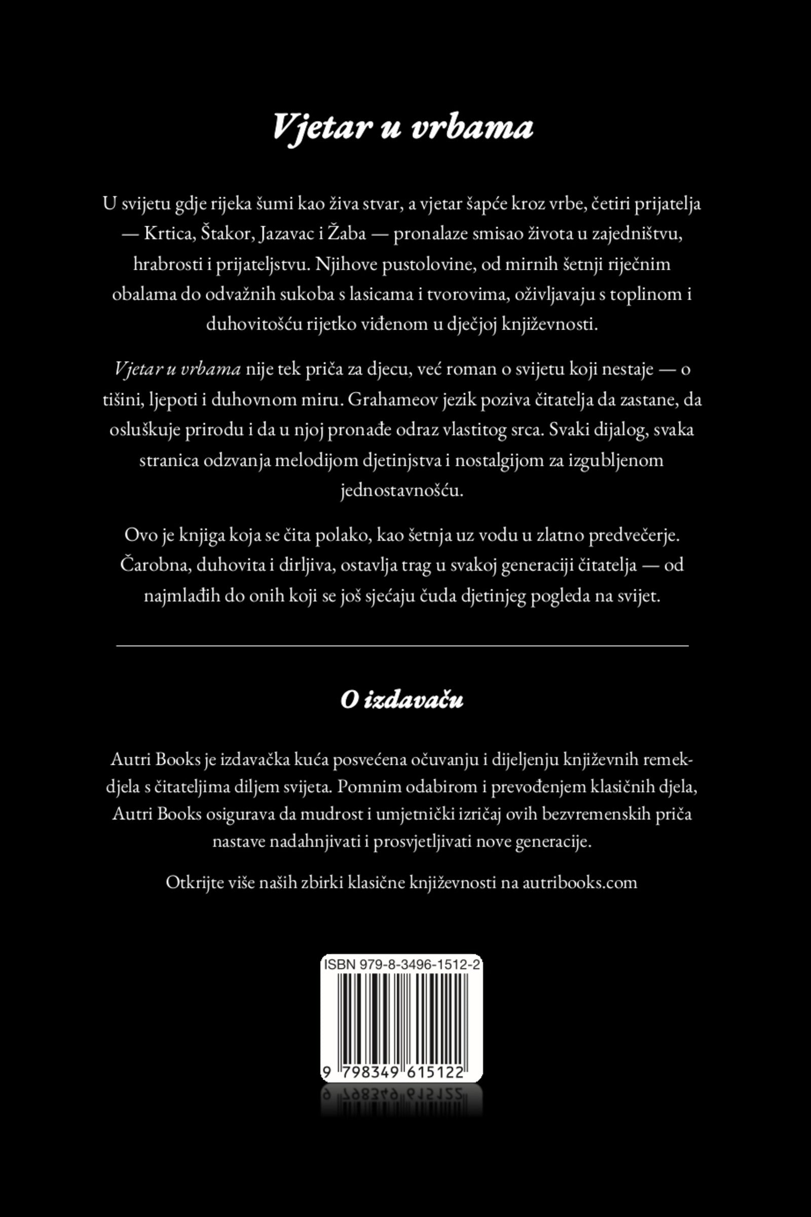 Back cover of a book with text in Croatian, featuring a black background.