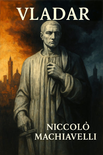 Book cover of 'Vladar' by Niccolò Machiavelli with a statue and cityscape background.