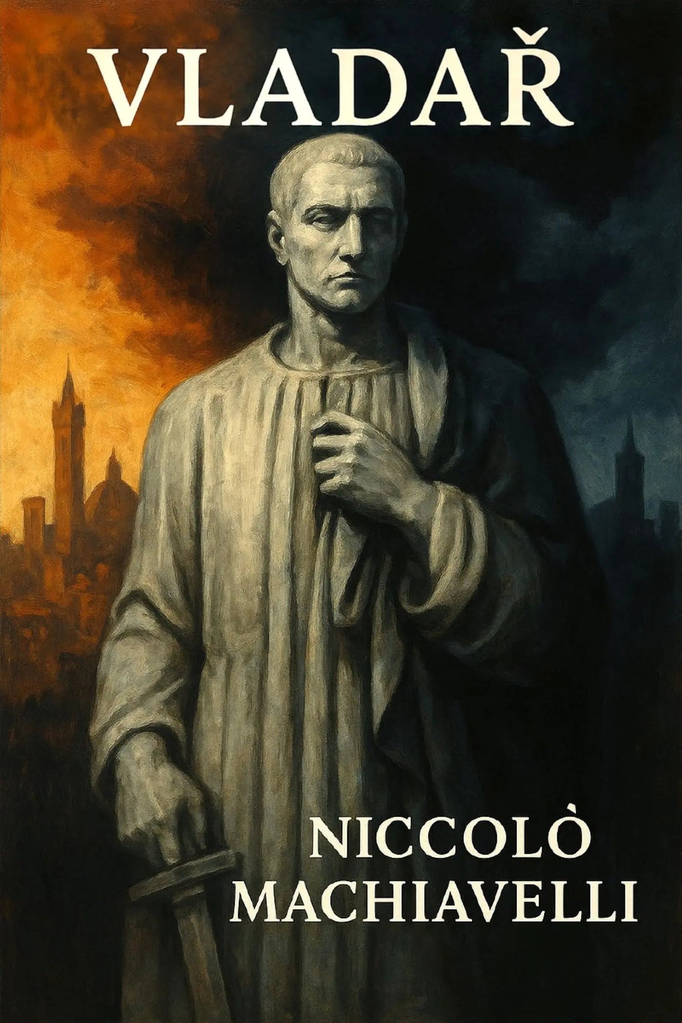 Book cover for 'Vladař' by Nicolò Machiavelli, featuring a painted portrait of a robed historical figure against a dark cityscape with fiery orange sky on the left.