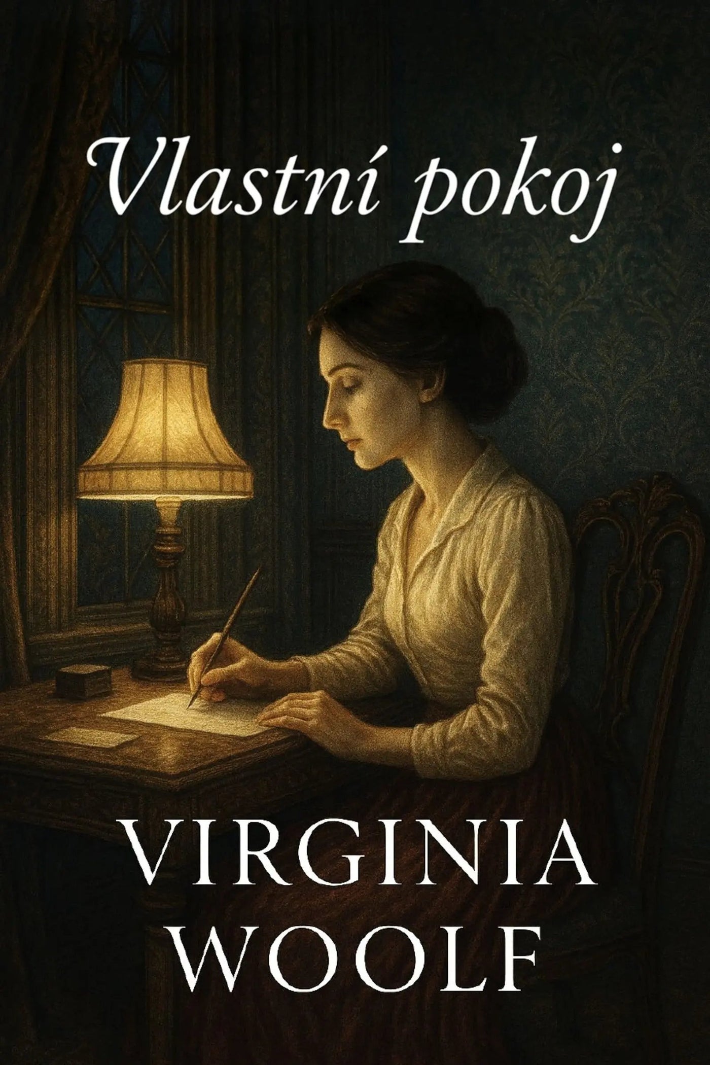 Book cover for 'Vlastní pokoj' by Virginia Woolf, featuring a woman writing at a desk under a warm lamp in a dark room, with the title and author name in white text.
