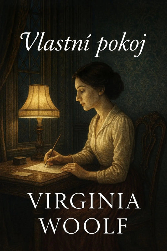Book cover for 'Vlastní pokoj' by Virginia Woolf, featuring a woman writing at a desk under a warm lamp in a dark room, with the title and author name in white text.