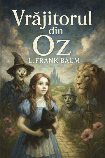 Book cover of 'Vrăjitorul din Oz' by L. Frank Baum featuring Dorothy, the Scarecrow, the Tin Man, and the Cowardly Lion.