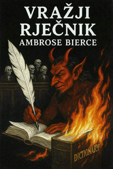 Book cover for 'Vražji rječnik' by Ambrose Bierce, featuring a dark illustration of a horned demon writing in a flaming dictionary with skulls in the background.