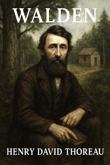 Book cover of 'Walden' by Henry David Thoreau with a man sitting in front of a cabin.