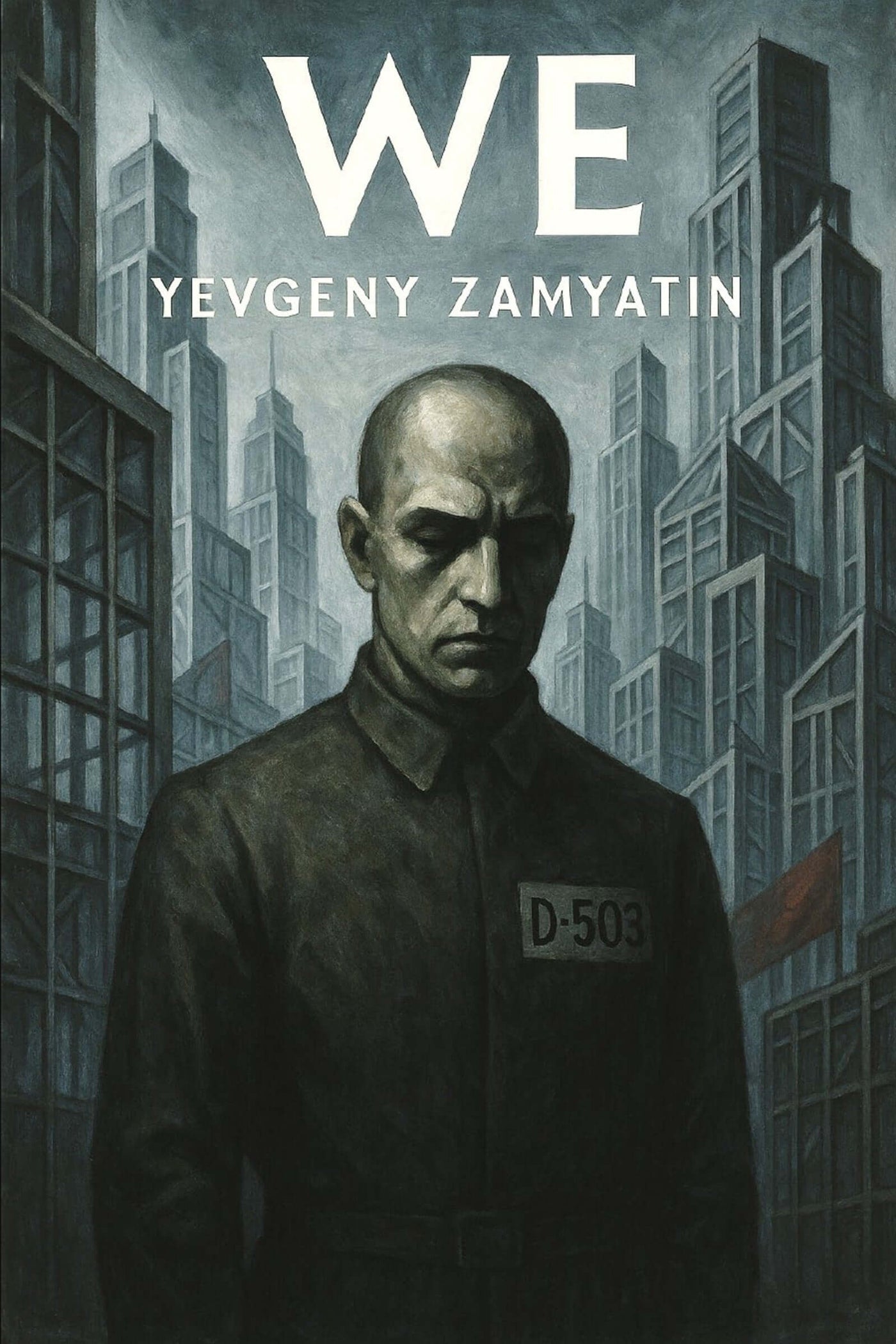Book cover of 'WE' by Yevgeny Zamyatin featuring a man in a prison uniform against a cityscape.