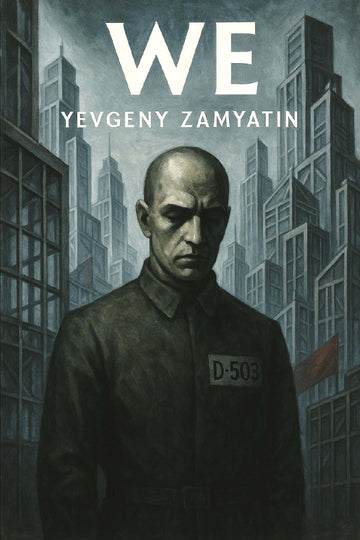 Book cover of 'WE' by Yevgeny Zamyatin featuring a man in a prison uniform against a cityscape.