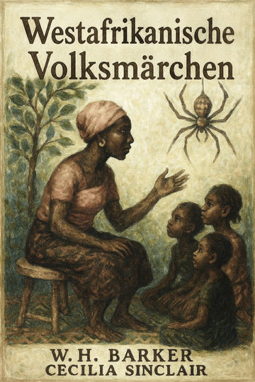 Book cover of 'Westafrikanische Volksmärchen' with illustration of a woman and children, featuring a spider.