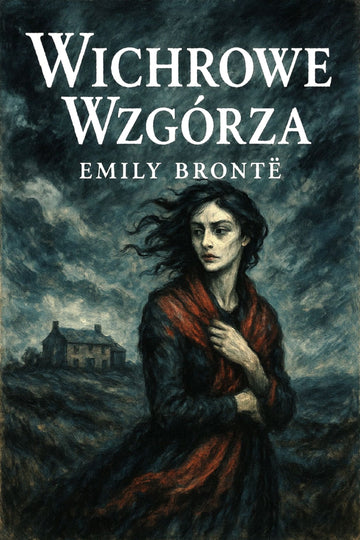 Book cover of 'Wichrowe Wzgórza' by Emily Bronté with a woman in a red coat on a stormy background.