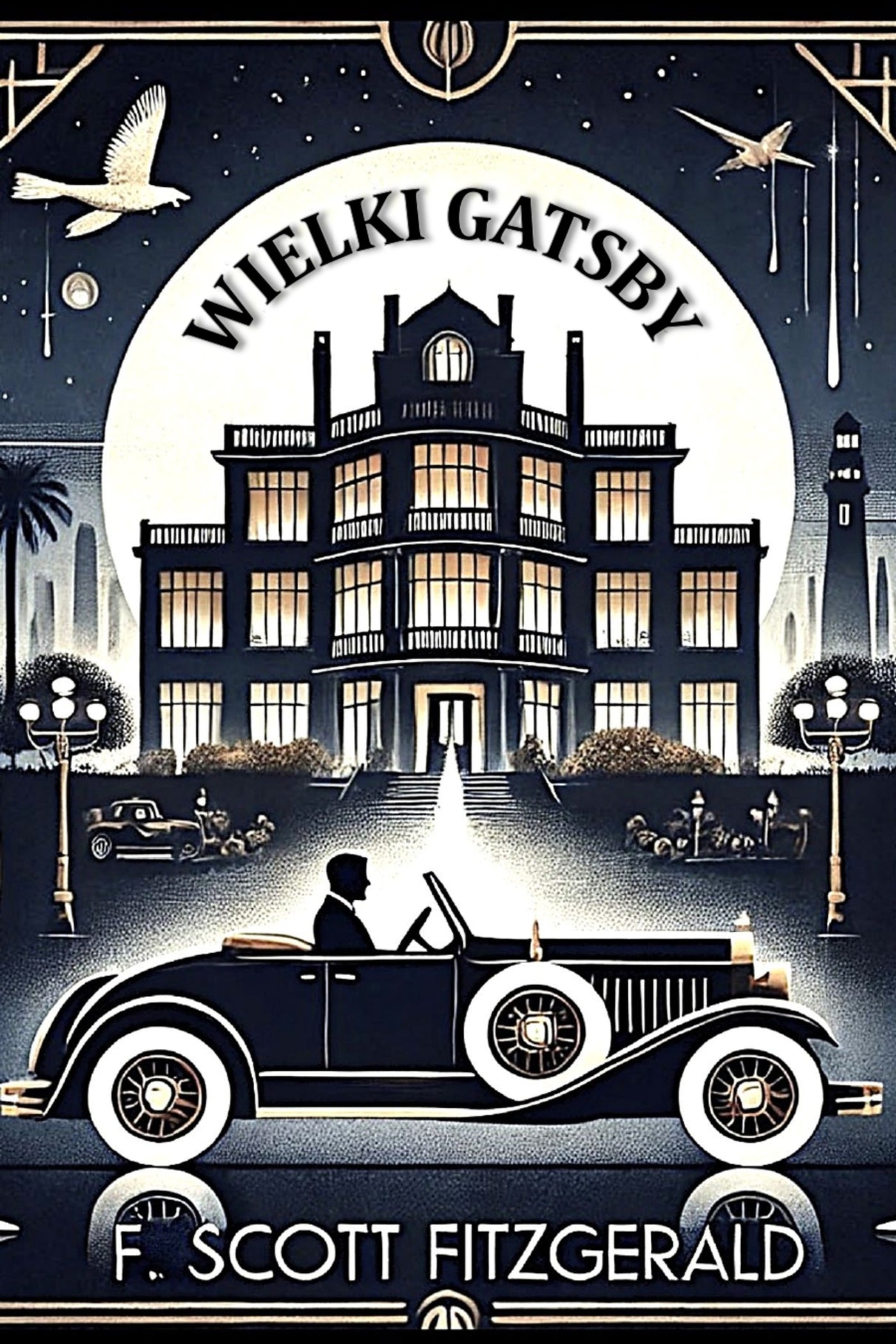 Book cover of 'Wielki Gatsby' by F. Scott Fitzgerald featuring a mansion and vintage car.
