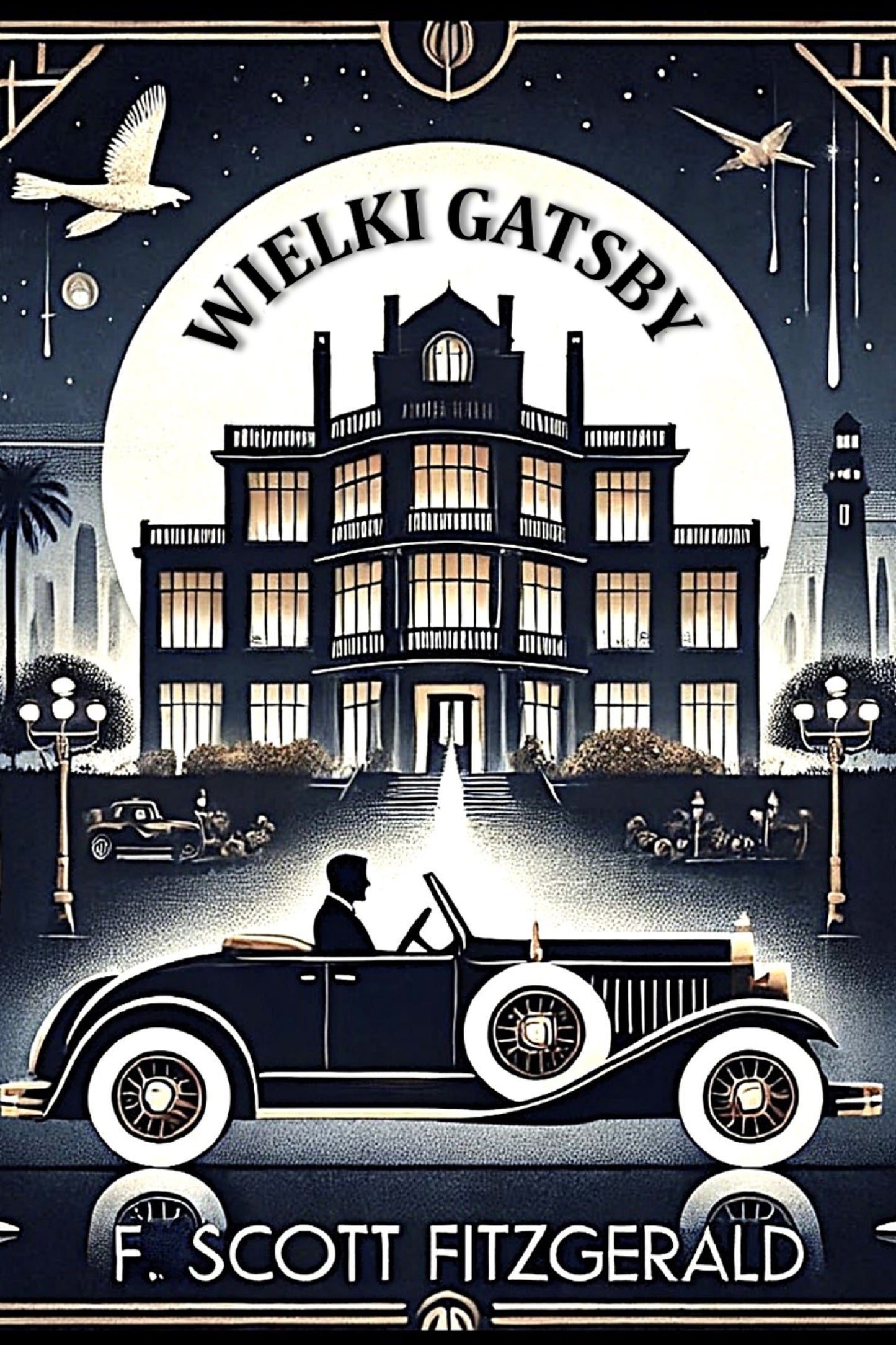Book cover of 'Wielki Gatsby' by F. Scott Fitzgerald featuring a mansion and vintage car.