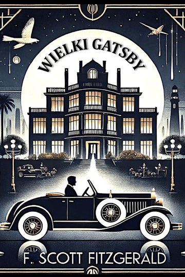 Book cover of 'Wielki Gatsby' by F. Scott Fitzgerald featuring a mansion and vintage car.
