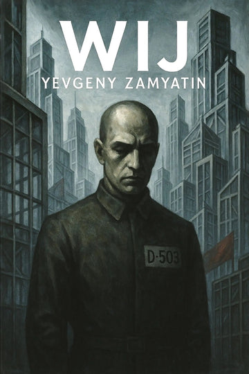 Book cover for 'Wij' by Yevgeny Zamyatin, featuring a dark, stylized illustration of a bald man in a dark uniform with the number D-503, set against a backdrop of towering gray skyscrapers. 