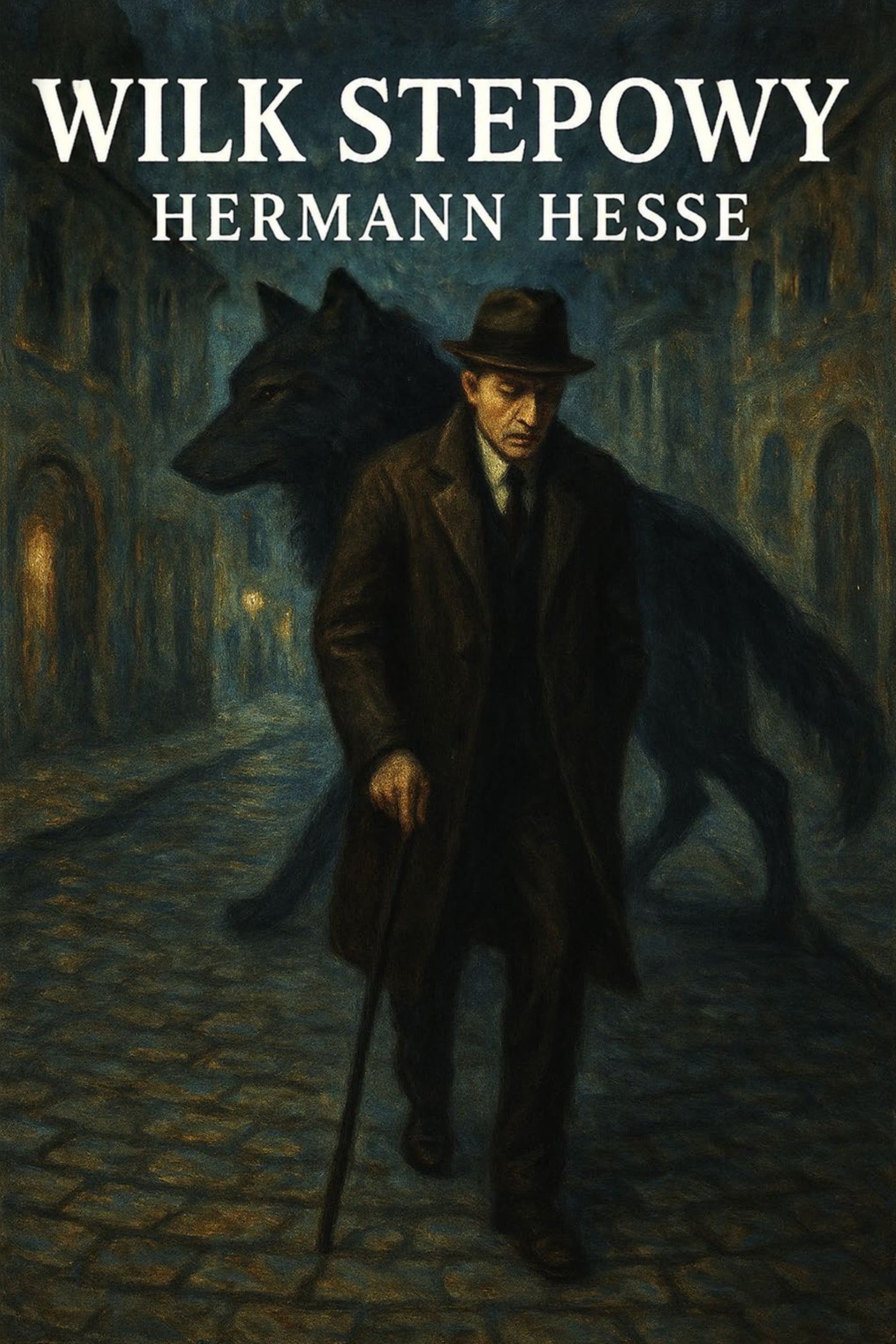 Book cover of 'Wilk stepowy' by Hermann Hesse featuring a man and wolf on a dark street.