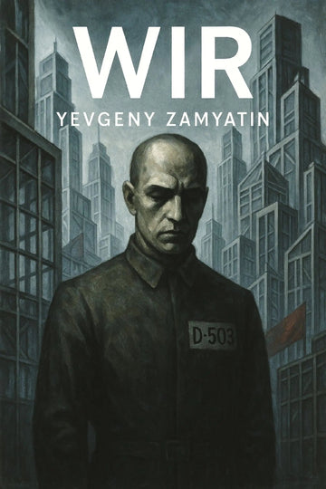 Book cover for 'Wir' by Yevgeny Zamyatin, featuring a dark, moody illustration of a bald man in a uniform with the number D-503, set against a backdrop of tall, shadowed city buildings.