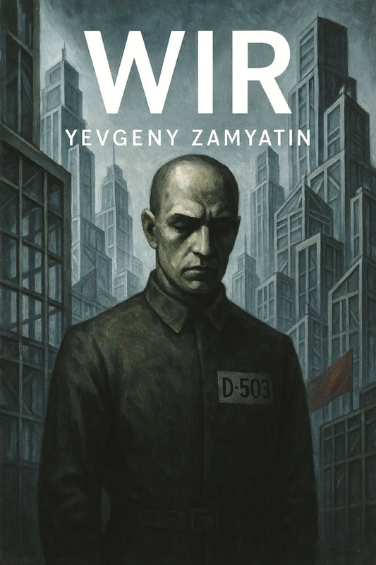 Book cover for 'Wir' by Yevgeny Zamyatin, featuring a dark, moody illustration of a bald man in a uniform with the number D-503, set against a backdrop of tall, shadowed city buildings.