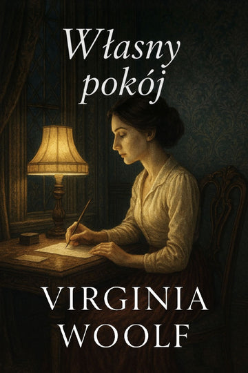 Book cover of 'Własny pokój' by Virginia Woolf featuring a woman writing at a desk.