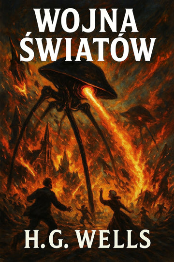 Book cover of 'Wojna światów' by H.G. Wells with a fiery background and alien spaceship.