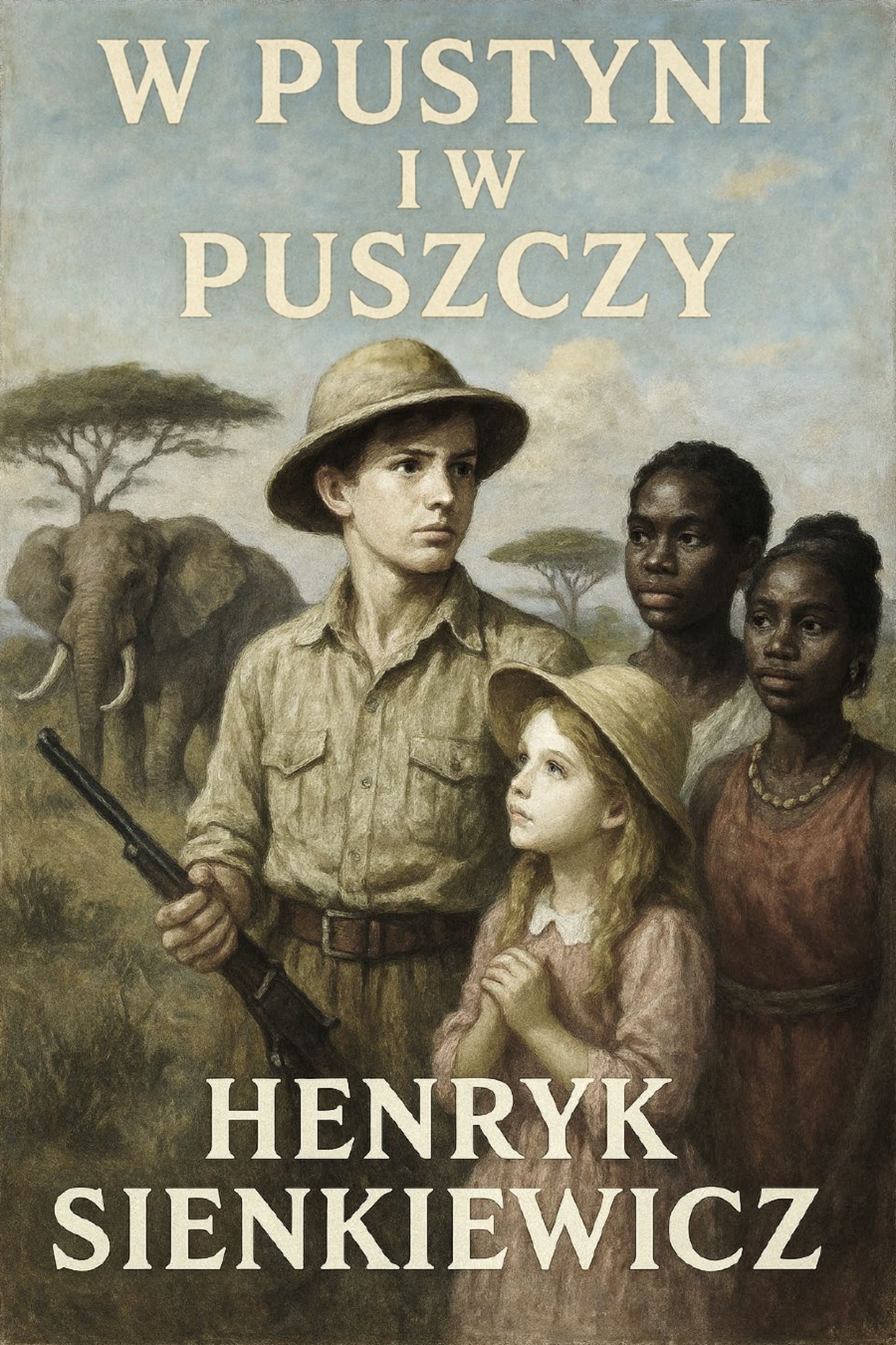 Book cover of 'W pustyni i w puszczy' by Henryk Sienkiewicz featuring a boy with a rifle and three children in an African setting.