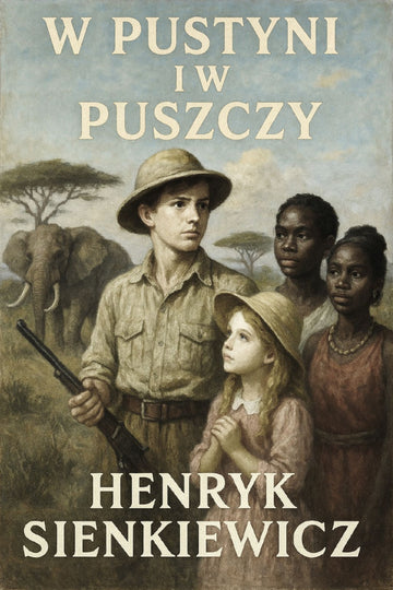 Book cover of 'W pustyni i w puszczy' by Henryk Sienkiewicz featuring a boy with a rifle and three children in an African setting.