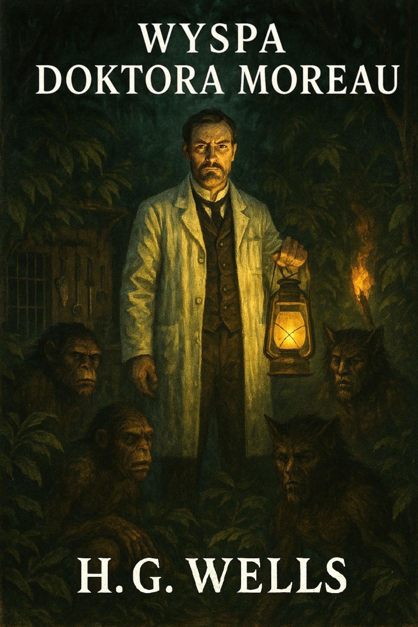 Book cover of 'Wyspa doktora Moreau' by H.G. Wells featuring a man in a lab coat with a lantern and creatures.