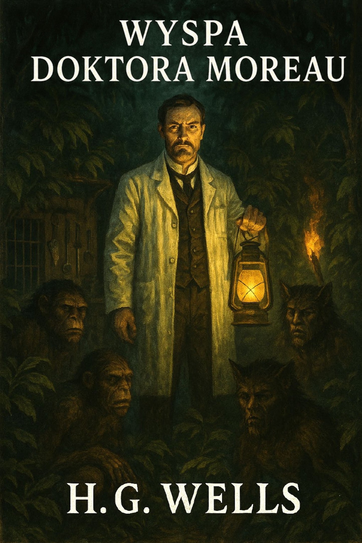 Book cover of 'Wyspa doktora Moreau' by H.G. Wells featuring a man in a lab coat with a lantern and creatures.