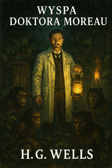 Book cover of 'Wyspa doktora Moreau' by H.G. Wells featuring a man in a lab coat with a lantern and creatures.