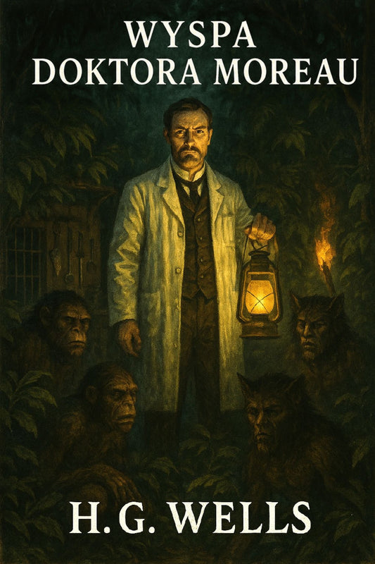Book cover of 'Wyspa doktora Moreau' by H.G. Wells featuring a man in a lab coat with a lantern and creatures.