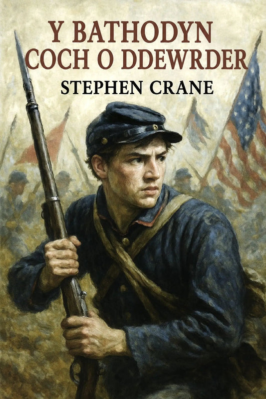 Book cover for 'Y Bathodyn Coch o Ddewrder' by Stephen Crane, featuring a painted Union soldier in a blue uniform holding a rifle, with blurred flags and figures in the background.