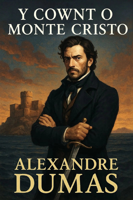 Book cover for 'Y Cownt o Monte Cristo' by Alexandre Dumas, featuring an illustrated portrait of a man in a dark coat holding a sword, with a castle and sea in the background.