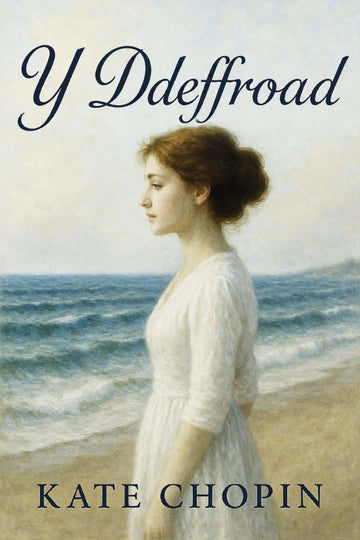 Book cover for 'Y Ddeffroad' by Kate Chopin, featuring a painted woman in a white dress standing on a beach with the ocean behind her.