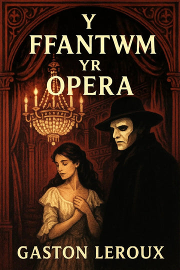 Book cover for 'Y Ffantwm yr Opera' by Gaston Leroux, featuring a dark gothic illustration of a woman in a white dress and a shadowy man in a black hat and coat, with a chandelier and ornate red architectural background.
